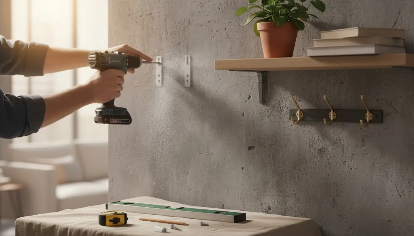 Nærbillede af montering af gardinbeslag i en betonvæg med hylde, knagerække og værktøj.