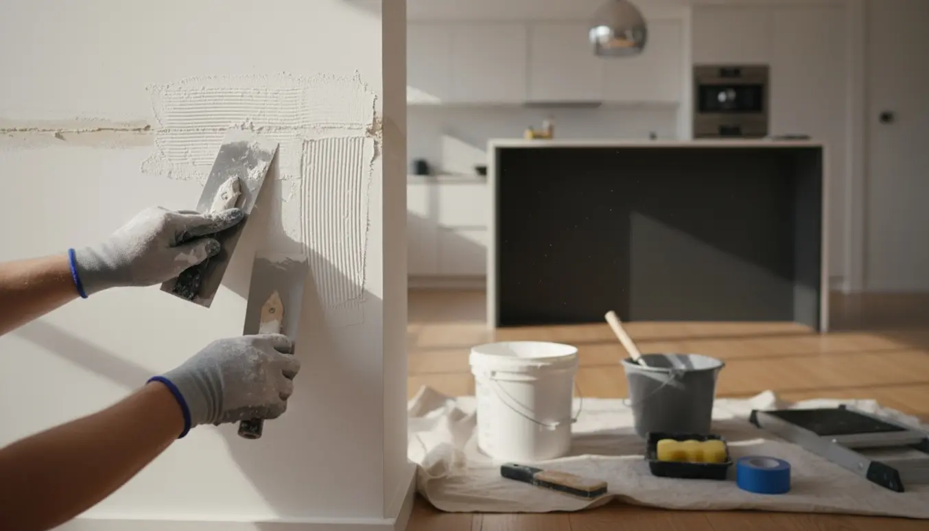 Nærbillede af hænder, der spartler et hul i en væg med værktøj på et malertæppe.