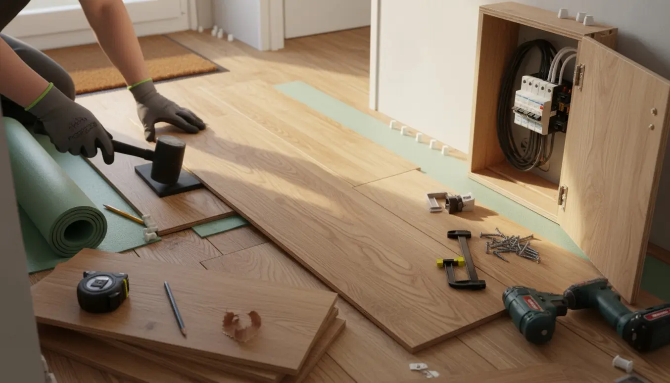 Entre med kliklaminat under lægning og et halvfærdigt træskab med låge monteret foran elskabet.