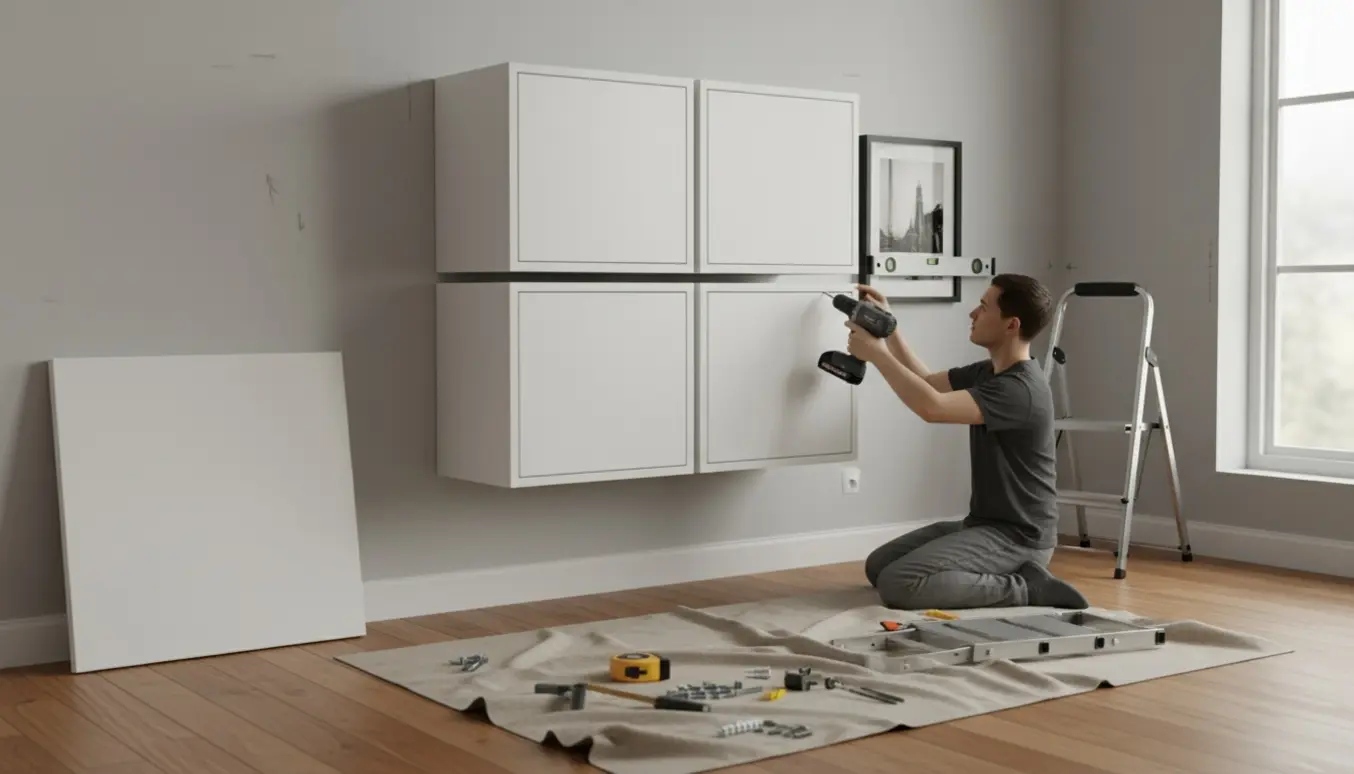Hænder monterer fire hvide reolbokse og to billeder på en lys væg med værktøj på gulvet.
