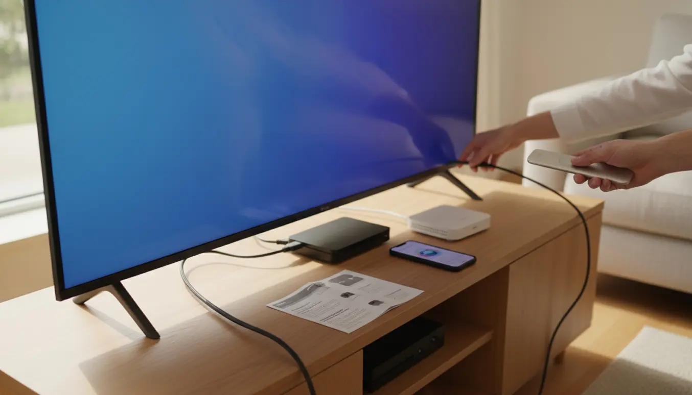 Hænder tilslutter HDMI- og antennekabel til et fjernsyn og bruger en fjernbetjening under kanalsøgning i en lys, moderne stue.