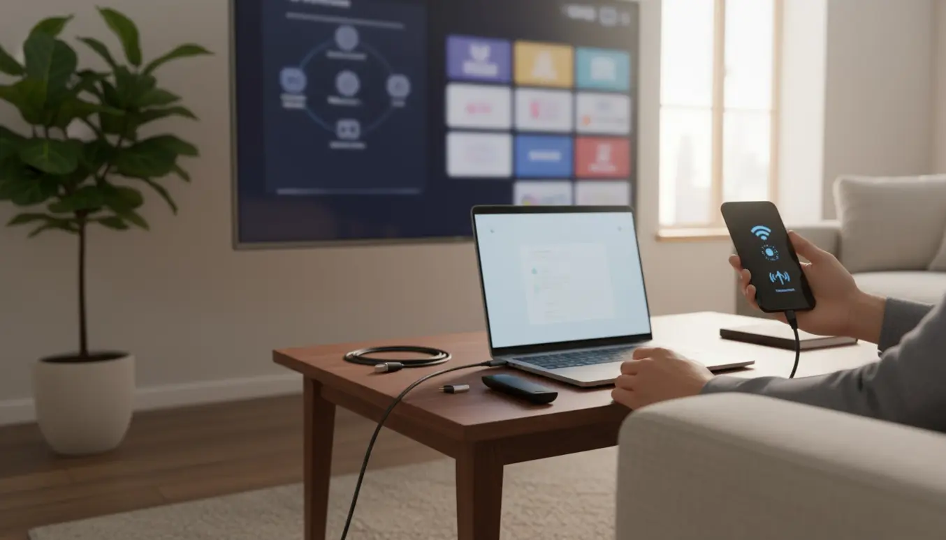 Hænder forbinder en bærbar til et fladskærms-tv, mens en smartphone viser hotspot-tilstand i en moderne stue.