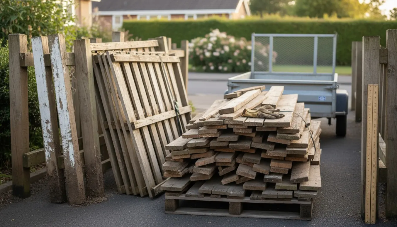 Aftaget havehegn stablet til afhentning med stolper, hele sektioner og løse brædder, og en tommestok op ad en stolpe.