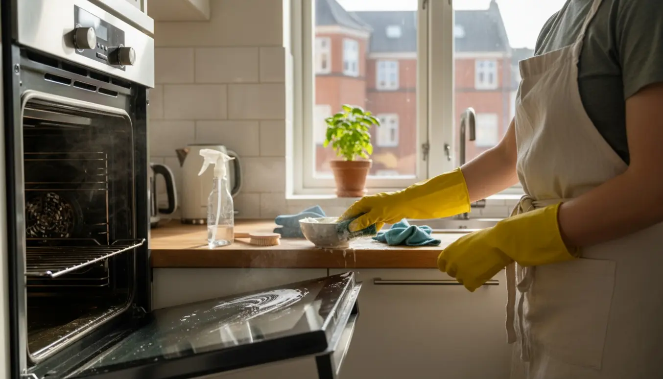 Hænder i gule gummihandsker rengør en åben ovn i en lys Østerbro-køkkenlejlighed.