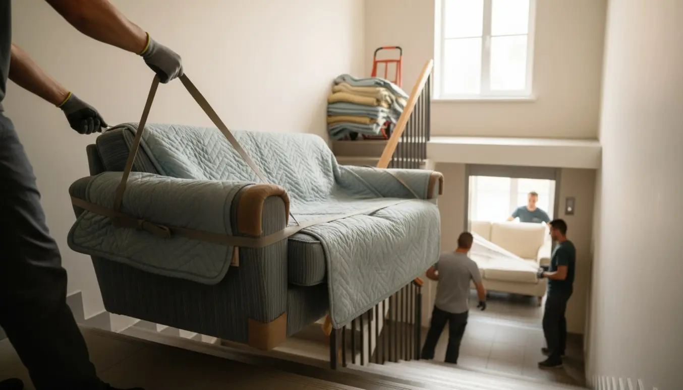Flyttefolk bærer en tung sofa til to personer ned ad trappen, mens en ny sofa løftes ind via elevatoren.