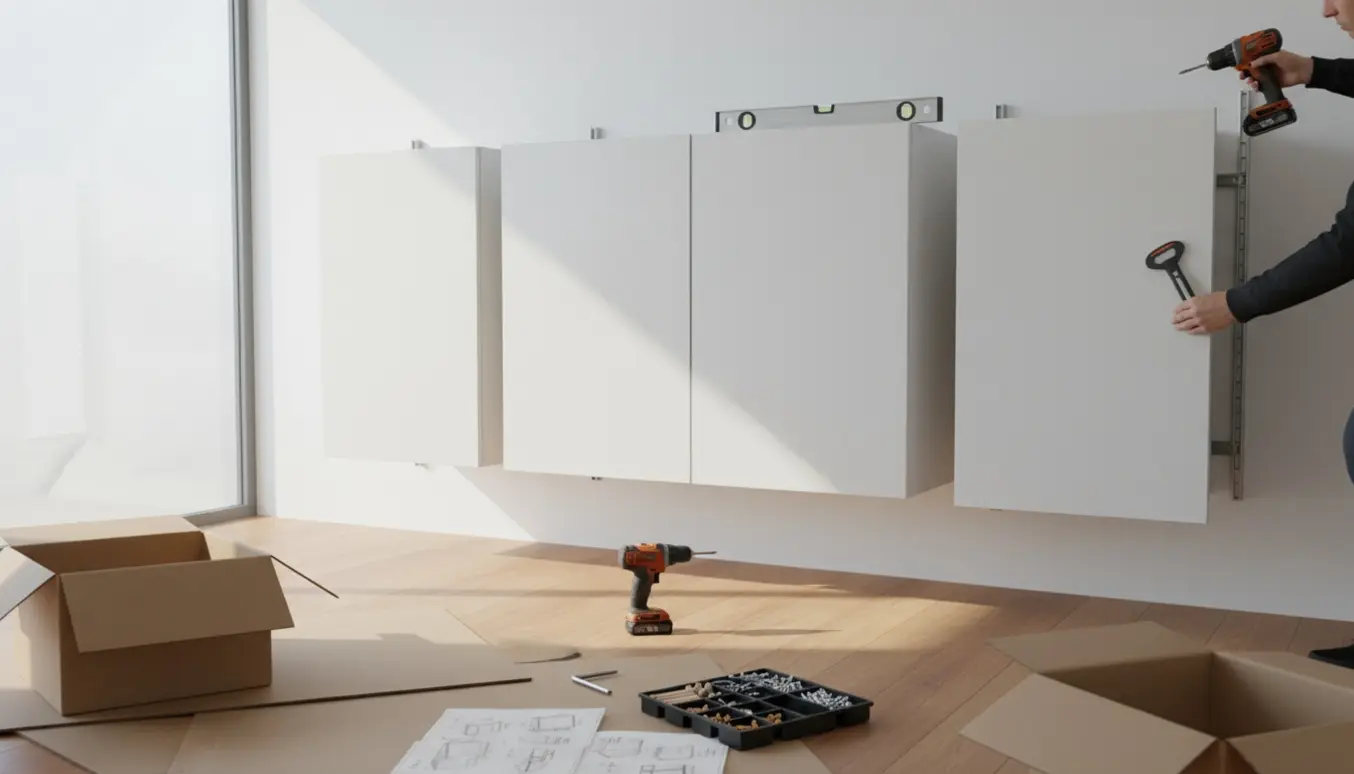 Fire tre-dørs skabe monteres på en hvid væg i et lyst rum med boremaskine og vaterpas synligt.