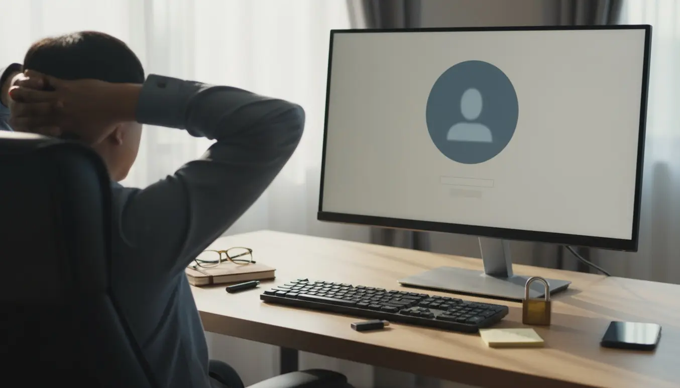 Bagfra set person foran en pc-login-skærm med brugerikon og en hængelås på skrivebordet, der illustrerer et login-problem.
