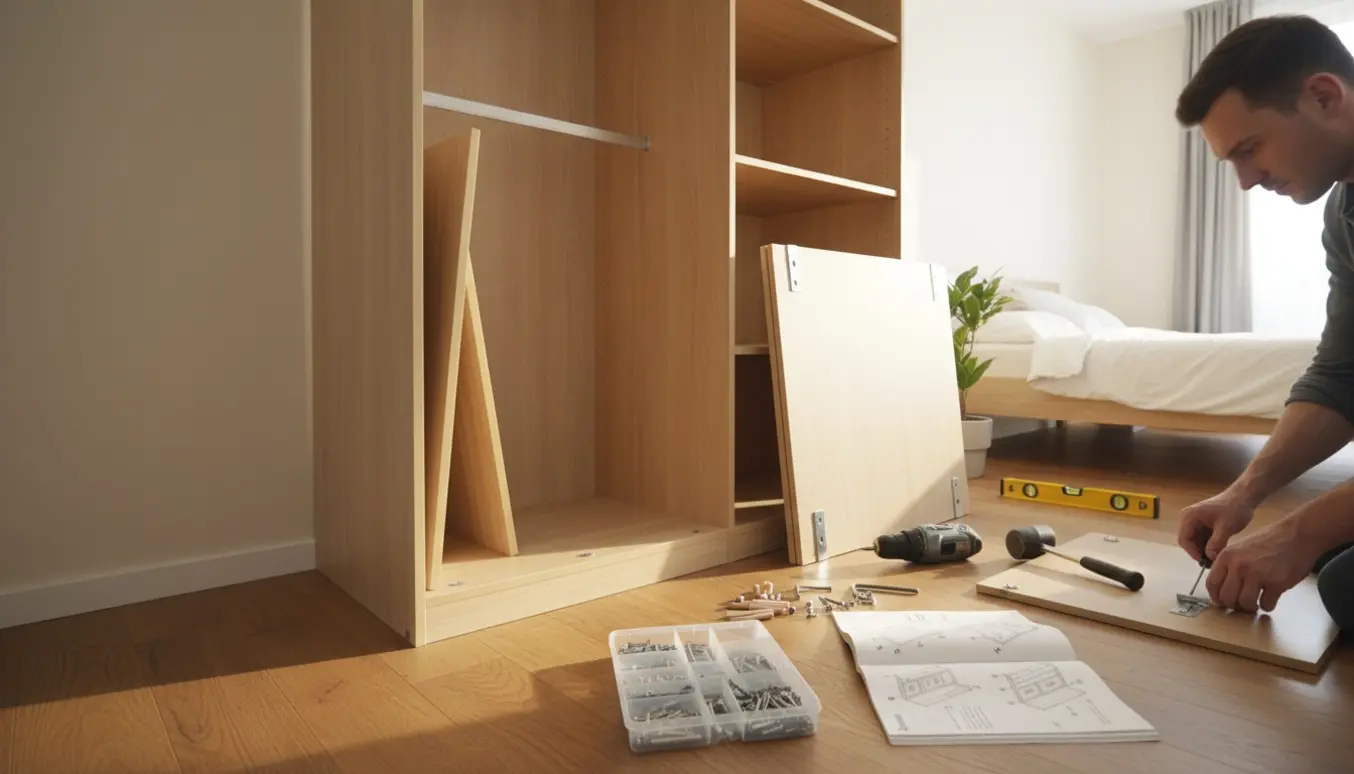 Partielt samlet fladpakket skab i et lyst soveværelse med værktøj og hænder, der monterer en hylde.