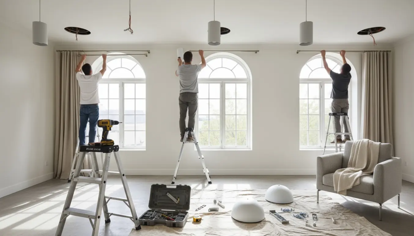 Værktøj og hænder ved opsætning af gardiner og montering af loftlamper i et lyst hjem.