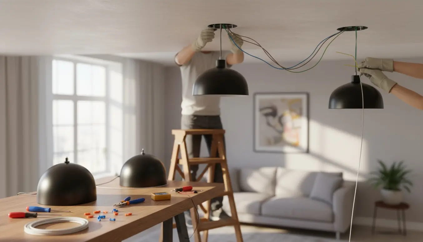 Hænder monterer tre lamper og trækker ny ledning i en stue.
