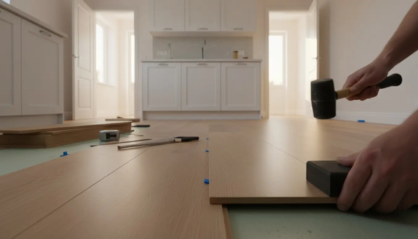 Hænder monterer klik-linoliumsgulv i et lyst køkken med to døre.