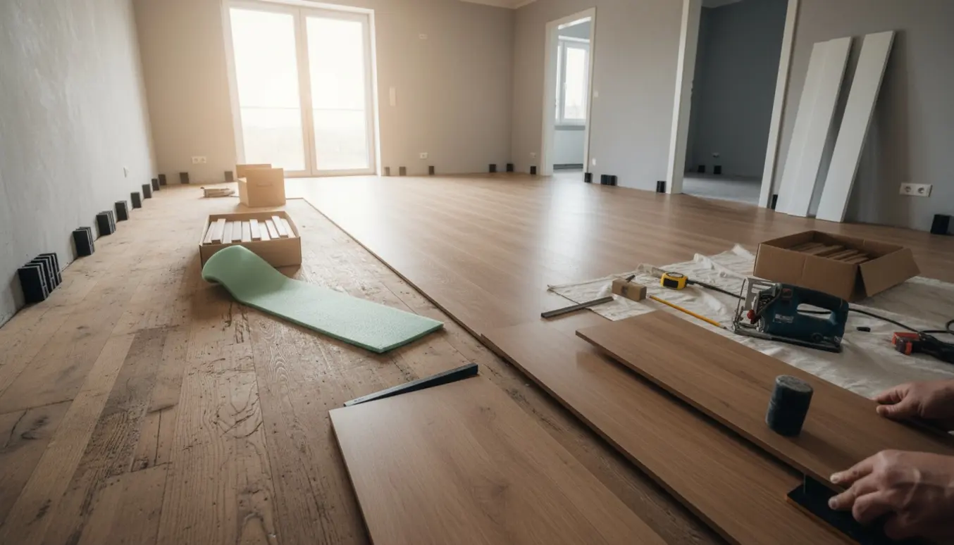 Delvist lagt klikgulv skifter over fra gammelt egetræ i et lyst rum med underlag, planker og værktøj klar.