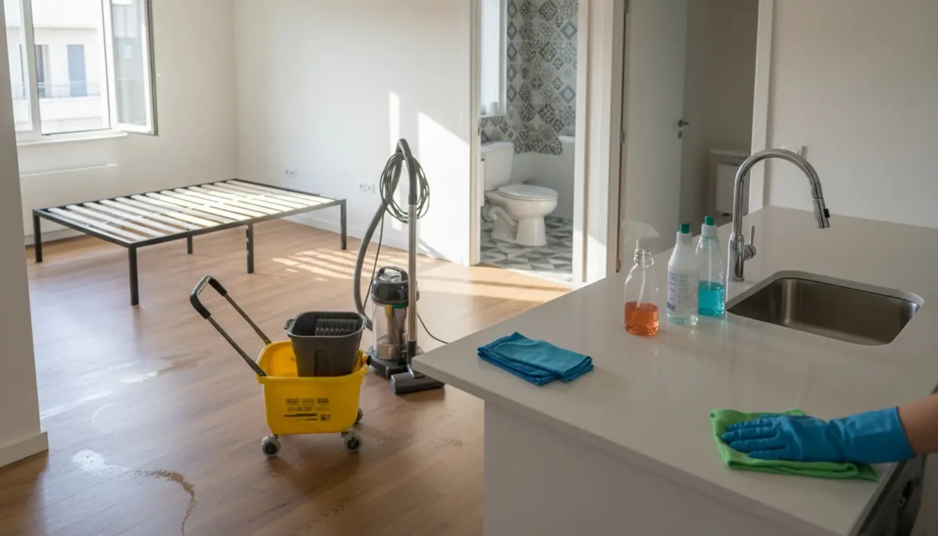 Udflytningsrengøring i en lys tom 2-værelses lejlighed med støvsuger, moppe og klude.