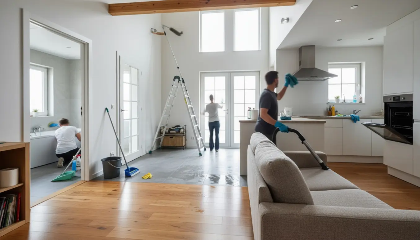 Hyperrealistisk foto af grundig husrengøring med støvsugning, gulvvask og fjernelse af spindelvæv fra hanebjælker.
