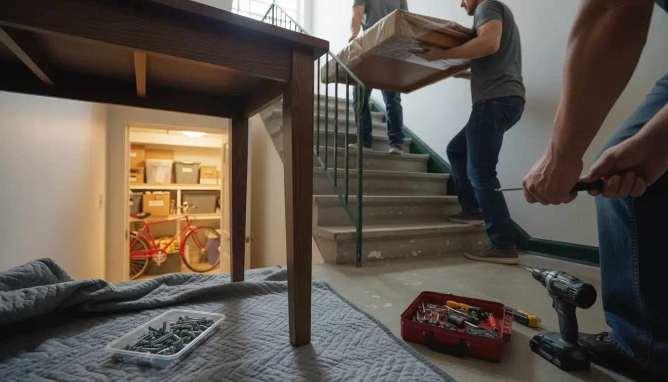 Skrivebord afmonteres og bæres ned ad trappen mod kælderrummet med værktøj og flyttetæpper på landingen.