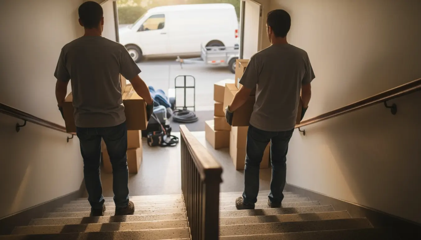 To mænd bærer flyttekasser op ad en opgangstrappe, mens en varevogn med trailer venter udenfor.