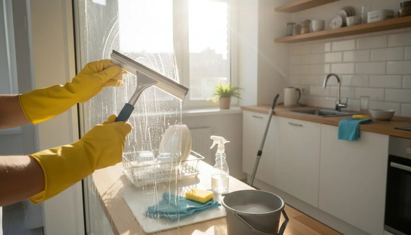 Hænder i gule handsker pudser et solbelyst køkkenvindue med rengøringsmidler og et ryddeligt køkken i baggrunden.