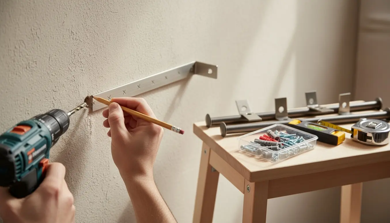 Hænder markerer og forbereder fem gardinbeslag på en væg med boremaskine, målebånd og rawlplugs klar.