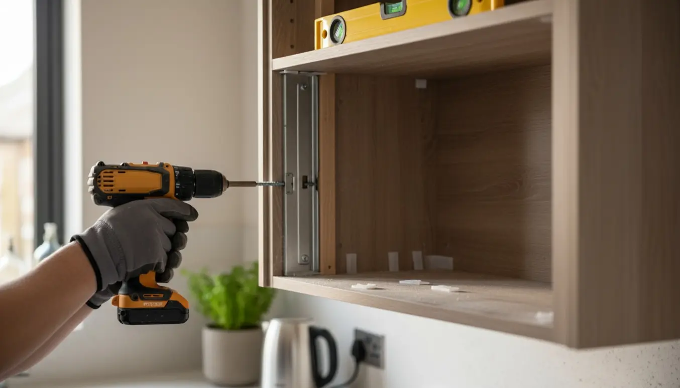 Hænder sikrer et løst overskab i et lyst køkken med boremaskine og vaterpas.