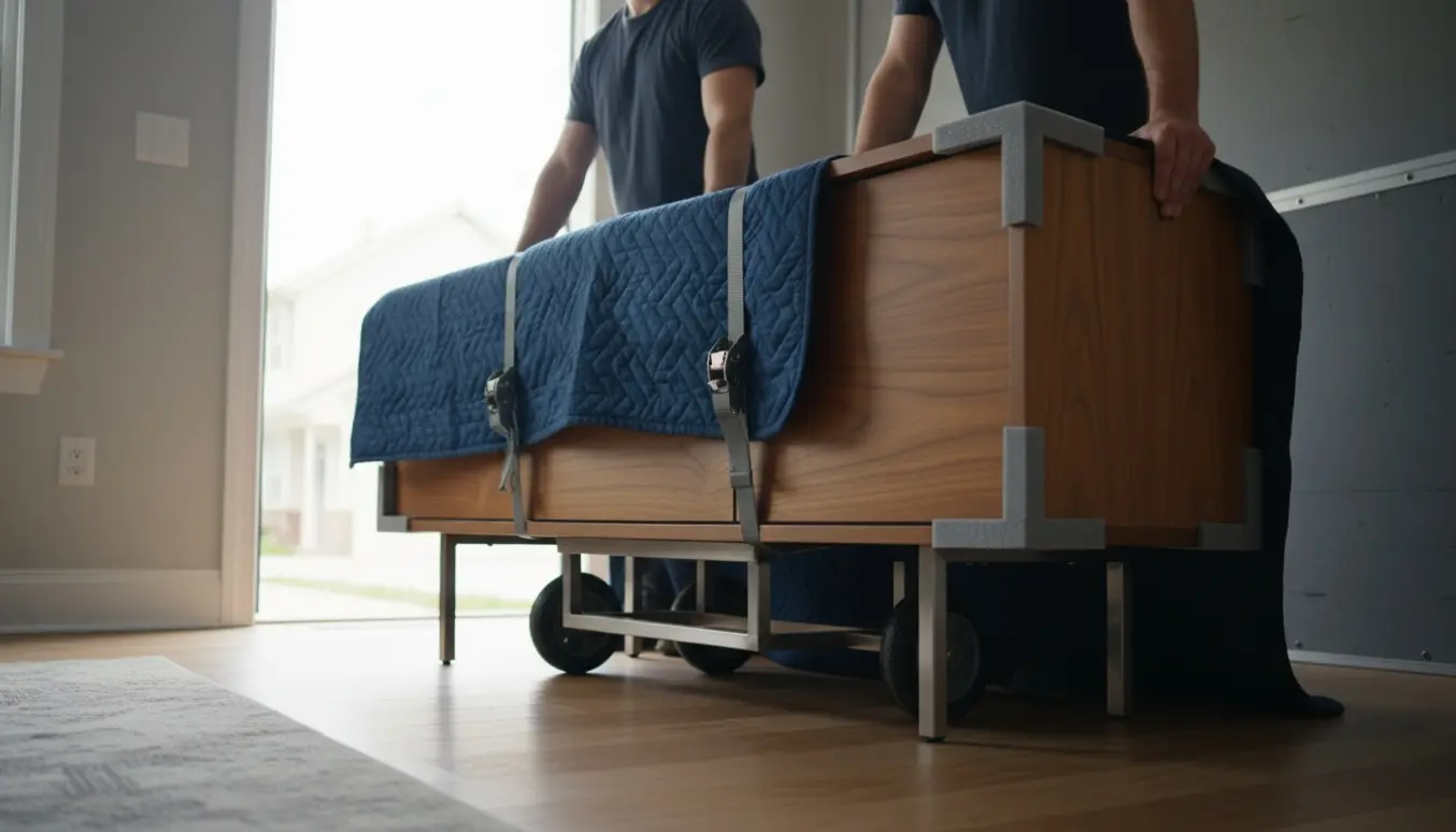 Et langt tv-bord beskyttet med flyttetæppe og skum, klar til at blive læsset ind i en varevogn.