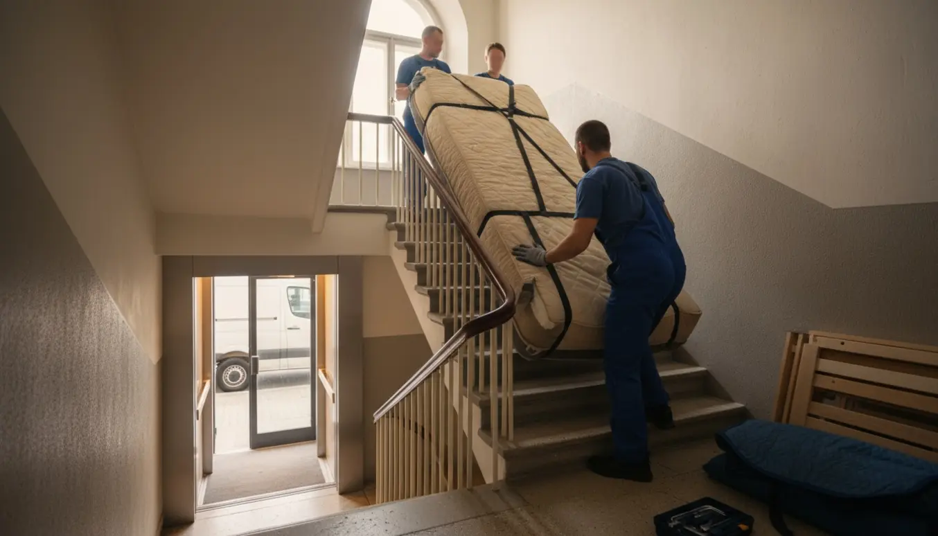 To flyttefolk bærer en madras (140x220) ned ad en opgang med en flyttevogn udenfor og elevator på reposen.