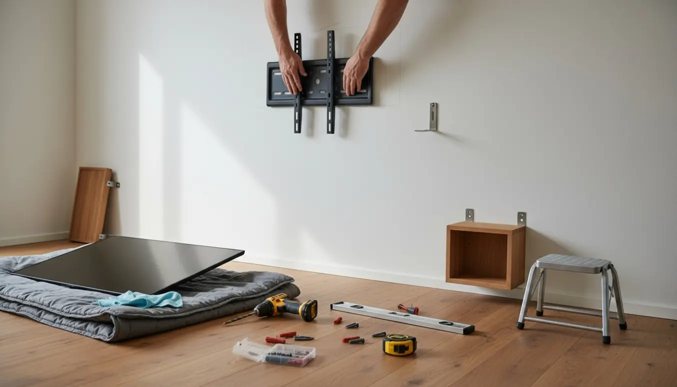 Hænder monterer et TV-beslag på en væg med værktøj og en delvist opsat lille reol ved siden af.