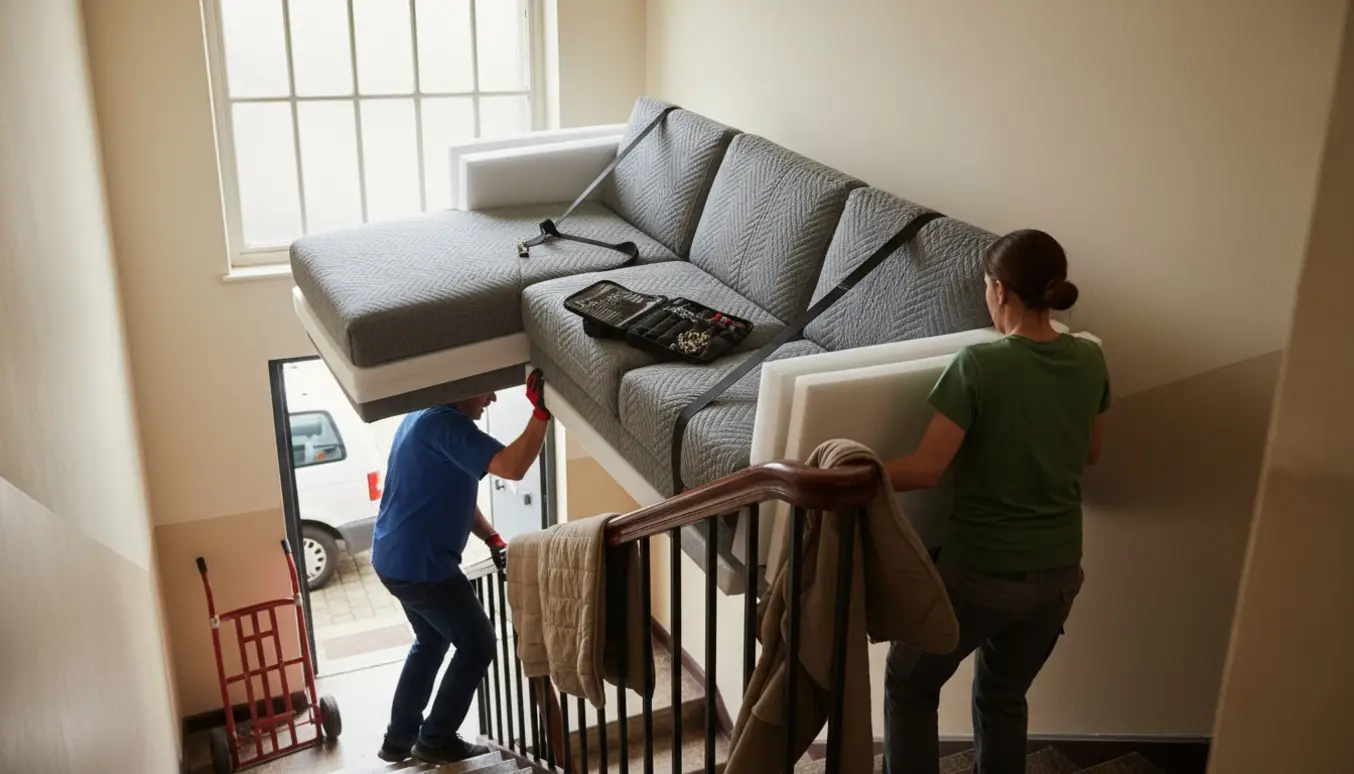 To personer bærer en delvist adskilt 3-personers chaiselong op ad en trappe med flyttetæpper og håndkærre.