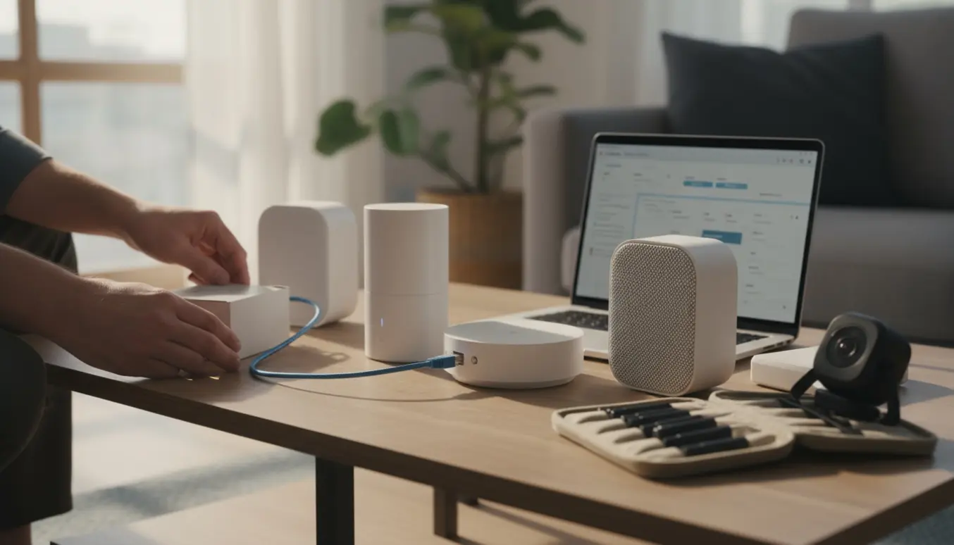 Hænder forbinder netværksudstyr — router, kamera‑base, mesh‑forstærkere og surround‑højttaler — i en lys stue.