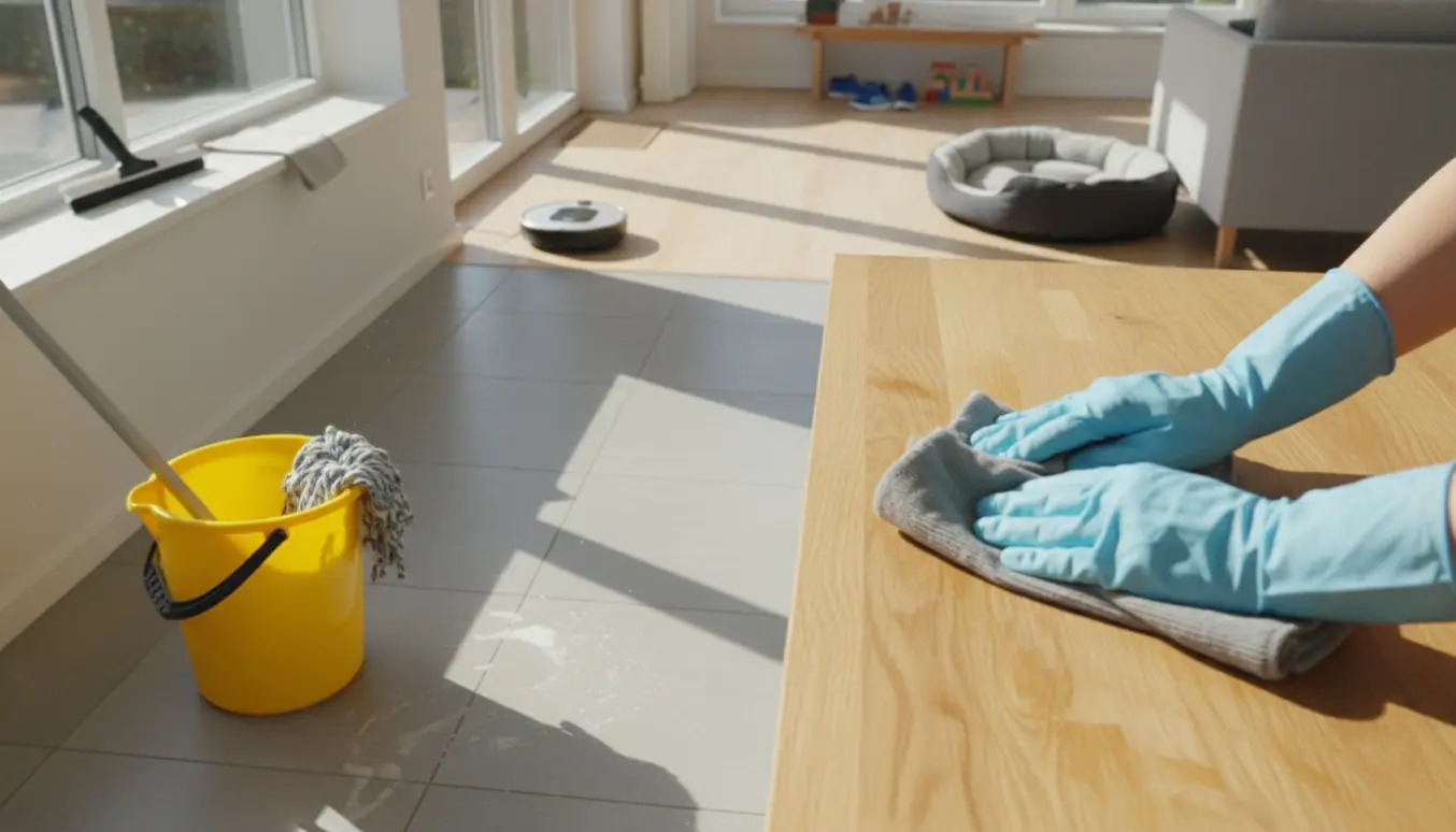 Soloplyst køkken-alrum under rengøring med handske, klud, moppe, robotstøvsuger og børnelegetøj i baggrunden.