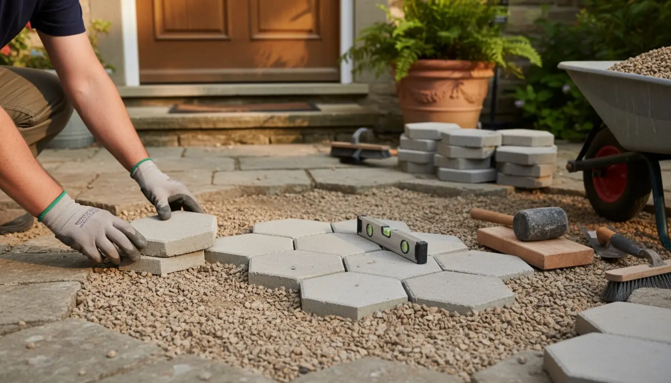 Hænder lægger sekskantede fliser ved en udendørs indgang på et gruslag med værktøj og en stak fliser ved siden af.