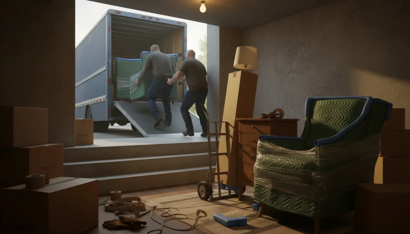Flyttekasser, tæpper og flytteudstyr i kælderen med to personer, der bærer et indpakket møbel op ad trappen mod en åben flyttebil.