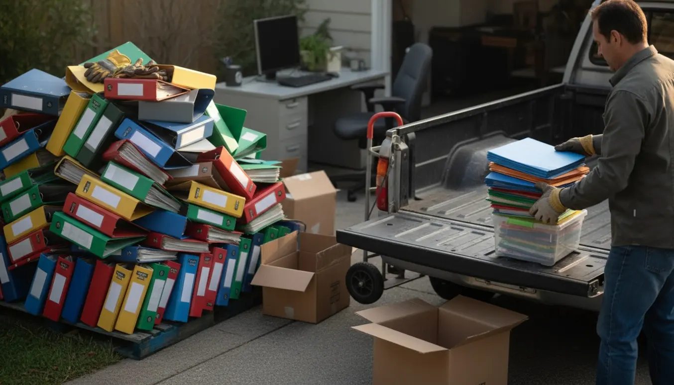 Flere ringbind og pap læsset i en lille container ved indkørslen, med personer set fra skuldrene ned.