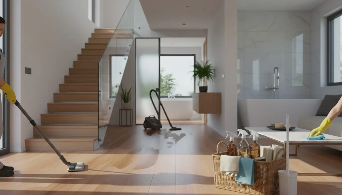 Lyst villainteriør med rengøringsudstyr og hænder, der støvsuger og moppe gulvet uden synlige ansigter.