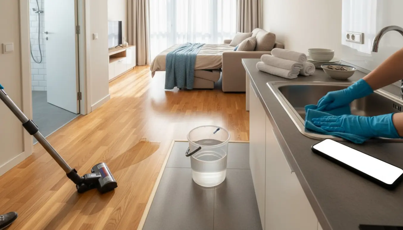 Rengøringsperson der støvsuger og tørrer af i en lys AirBnB-lejlighed midt på dagen.