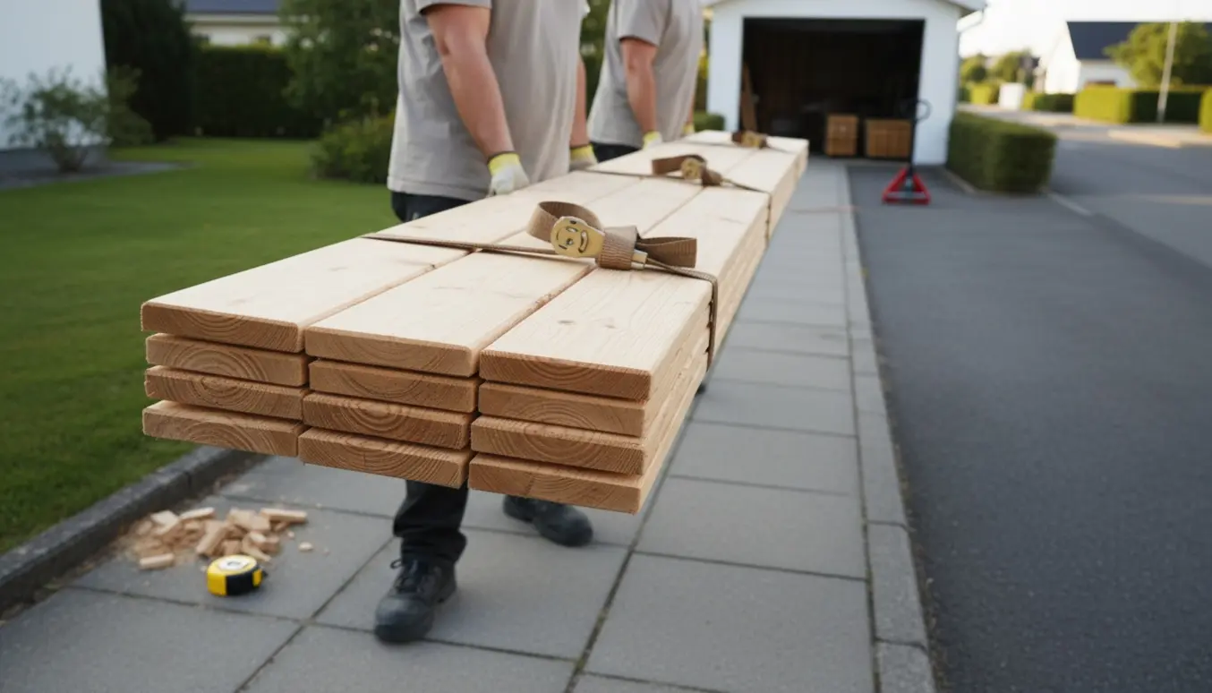 Lange klinkbeklædningsbrædder bæres langs et fortov mod en garage i baggrunden.