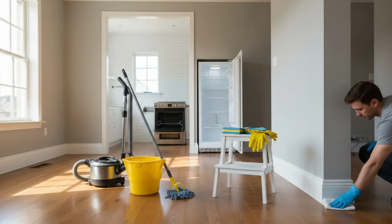 Soloplyst tomt toplanshus med rengøringsudstyr og en handskeklædt hånd, der aftørrer fodlisten.