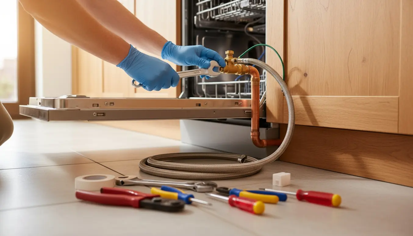 Under køkkenbordet installeres en opvaskemaskine med ballofix-ventil og jordforbindelse, hænder arbejder med værktøj.