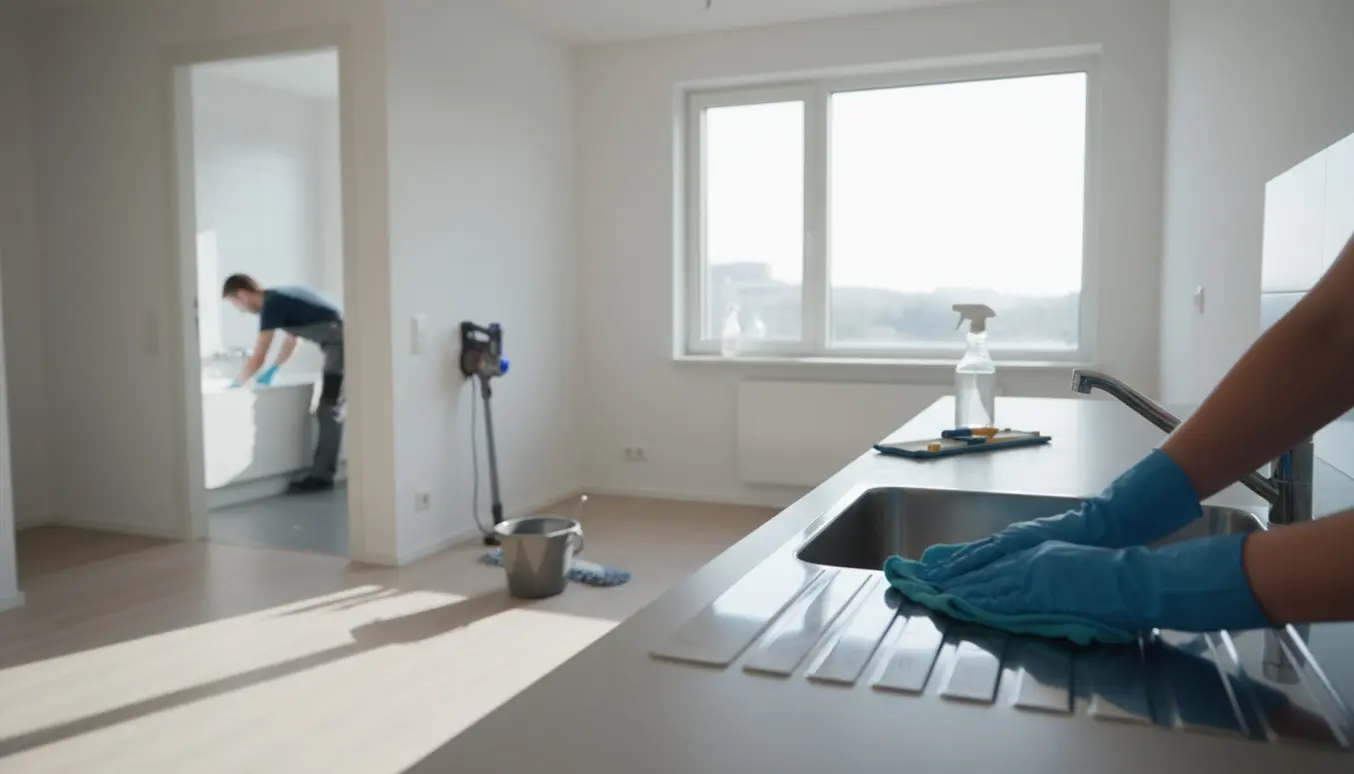 Solbeskinnet, tom 62 m² lejlighed under fraflytningsrengøring med handsker, mikrofiberklud, moppe og støvsuger klar.