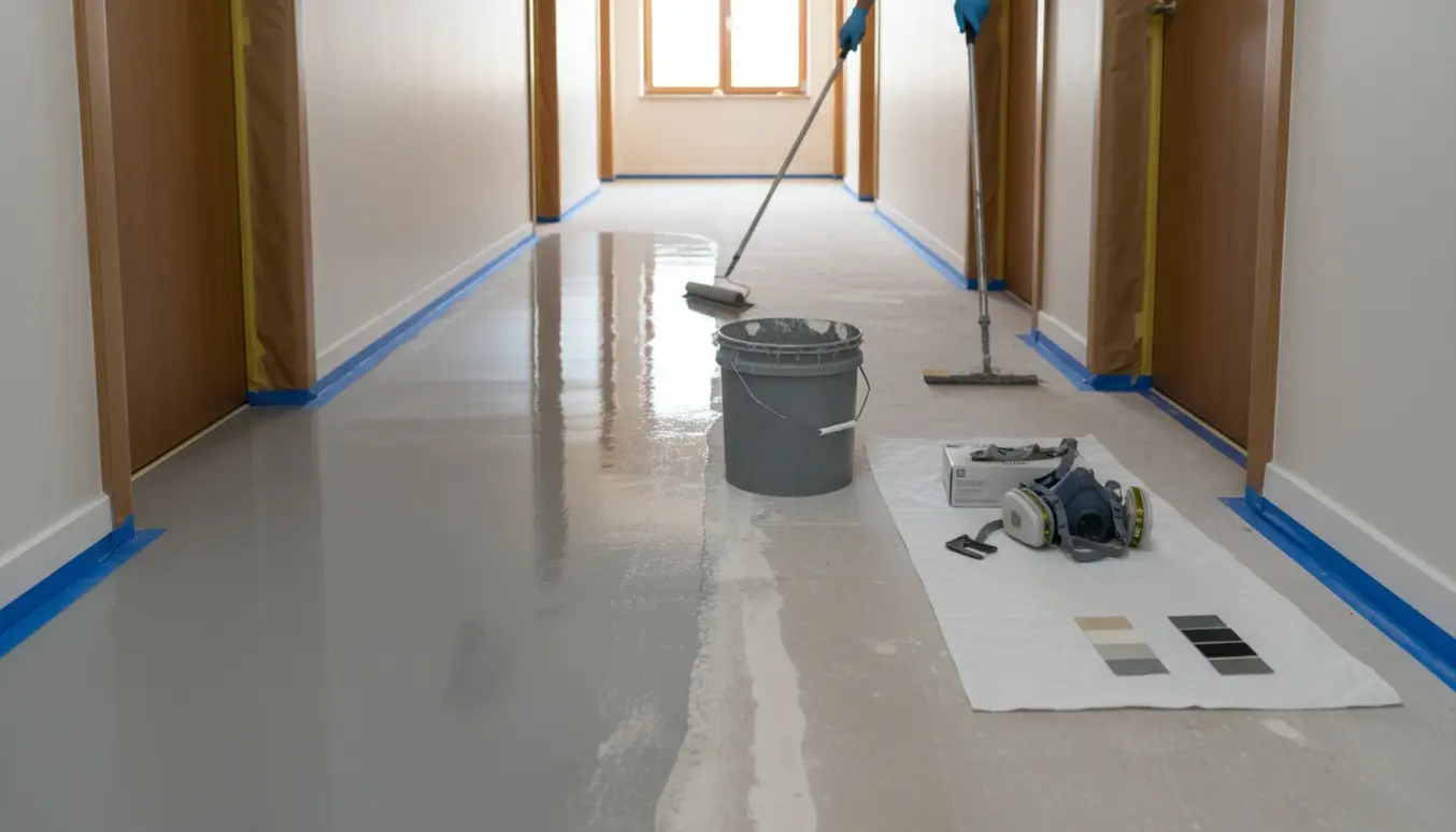 Halvstor gang med nylagt blank epoxygulv og værktøj til påføring.