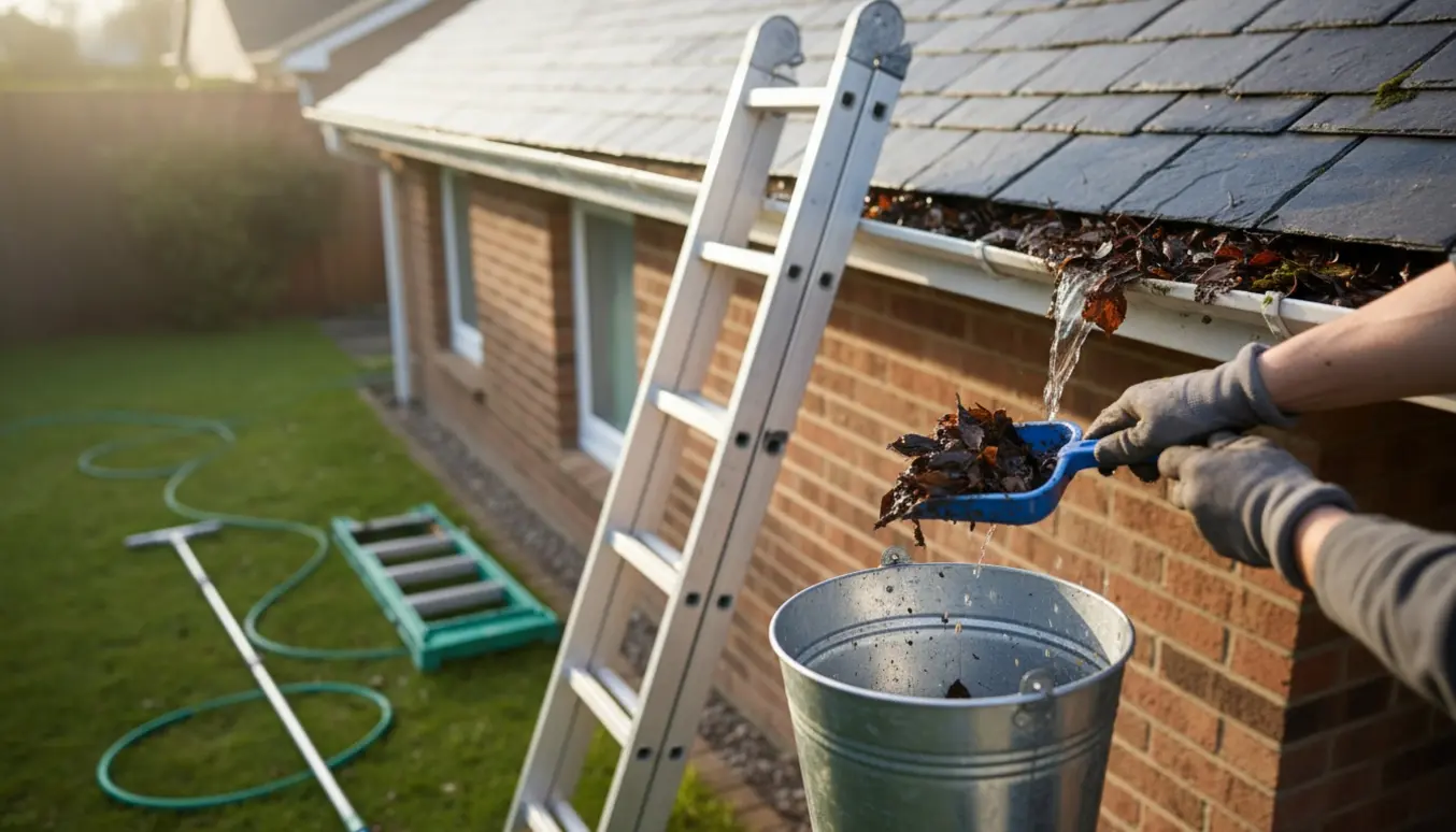 Hænder renser en våd tagrende på en bungalow med høj kælder, med stige, spand og værktøj i nærheden.