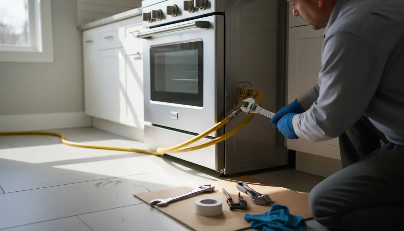 Person løsner gasforbindelsen på et fritstående gaskomfur med en skruenøgle og handsker.