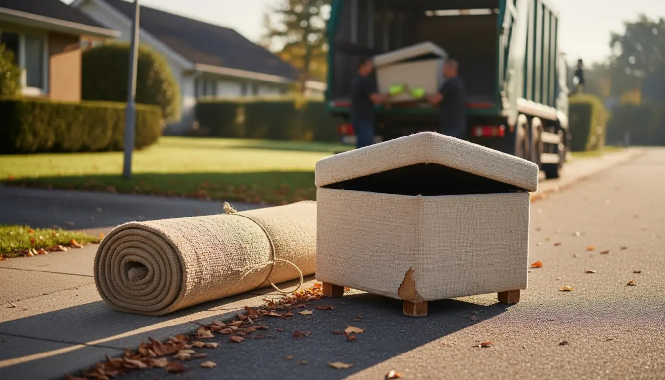 Rullet tæppe og hyndekasse stillet ved fortovskanten klar til storskraldsafhentning.