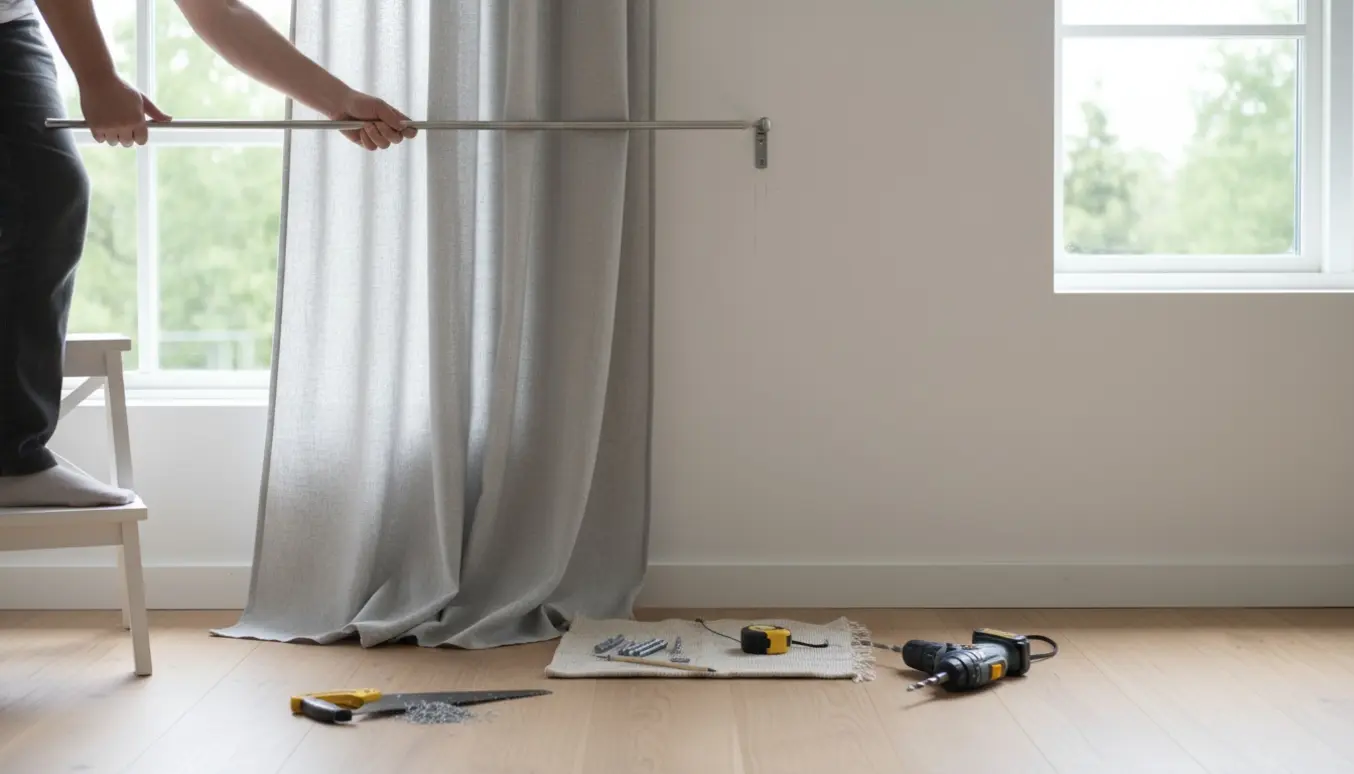 Hænder monterer lysegrå gardiner og tilpasser en gardinstang ved et solbeskinnet vindue.