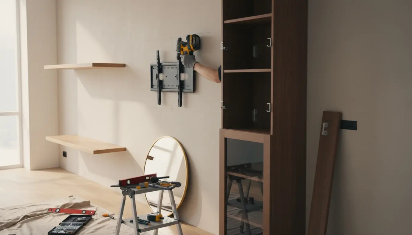 Hænder, der monterer et tv-beslag på en væg med hylde, reol og spejl klar til ophæng.