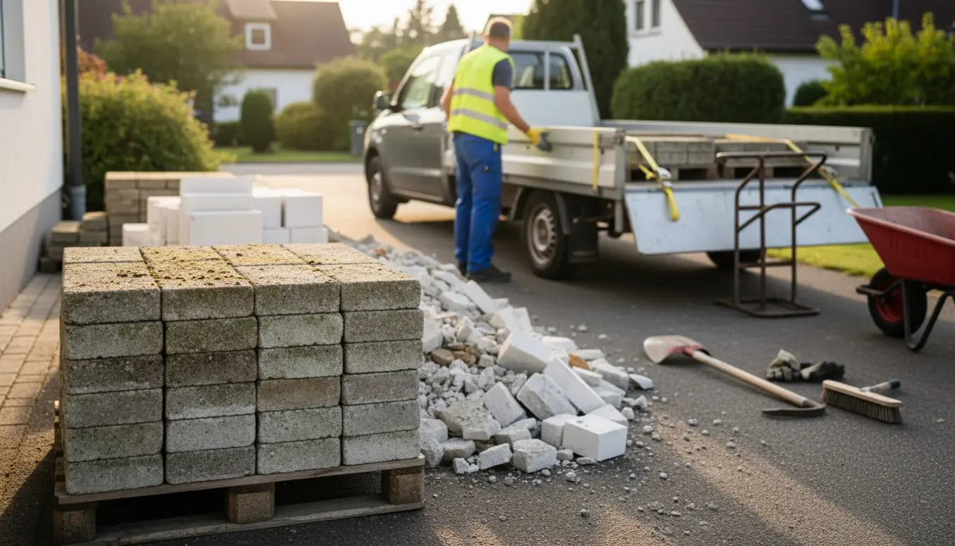 Stak brugte 40x40 fliser og gasbetonblokke ved en trailer klar til afhentning, en arbejder læsser med handsker uden ansigtsskærme.
