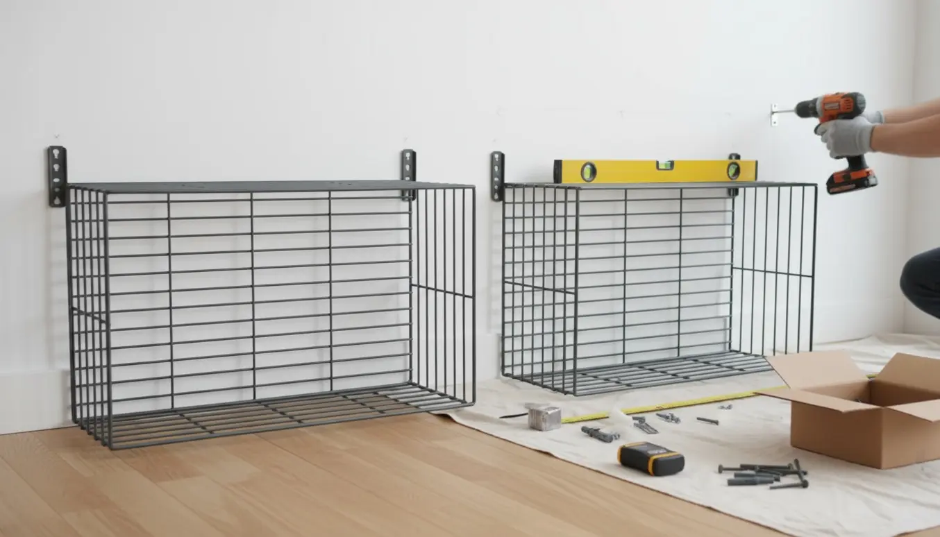 Montana trådreol monteres på en hvid væg ved siden af en identisk reol på gulvet med værktøj som boremaskine og vaterpas.