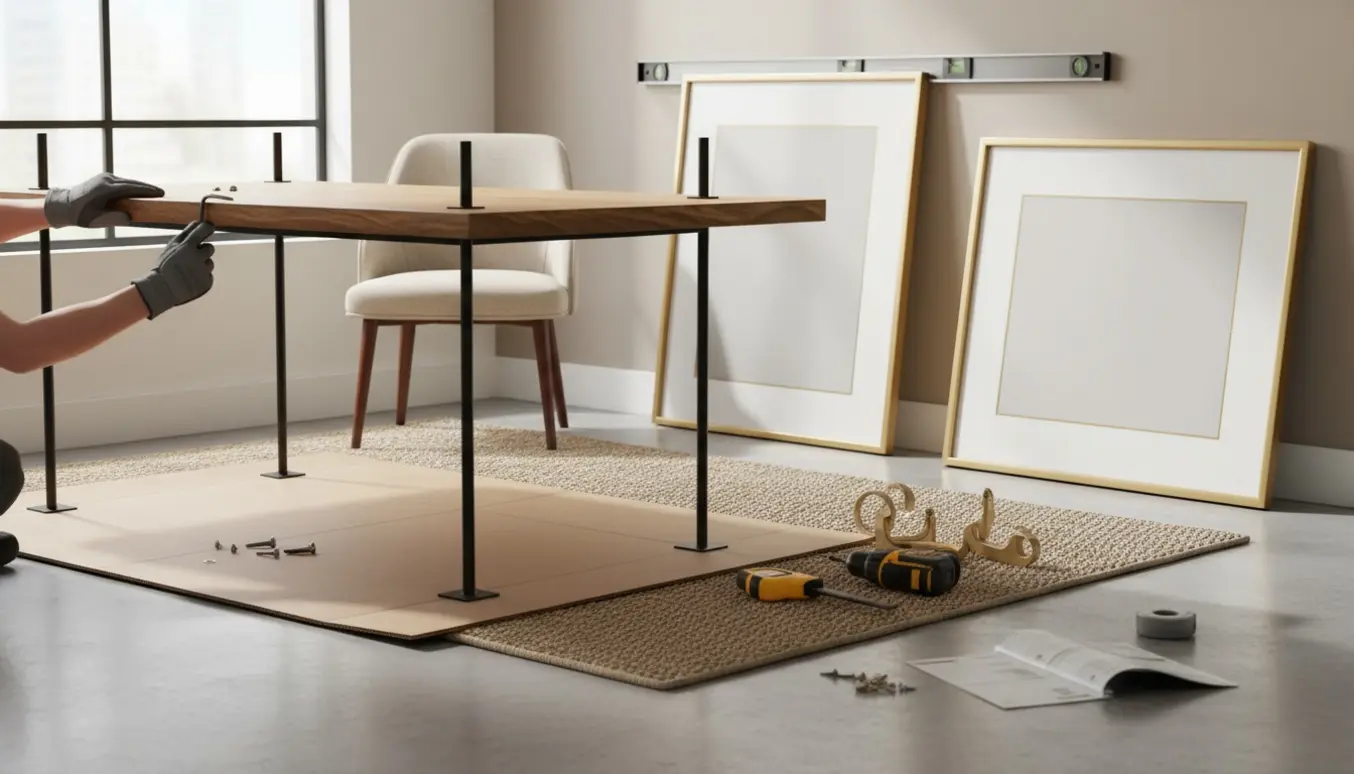 Et spisebord er under samling i en lys spisestue, mens to store indrammede billeder bliver målt og hængt op.