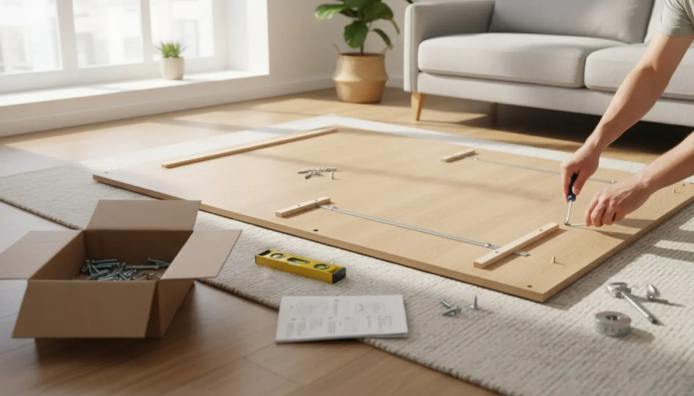 Hænder samler et fladt pakket garderobeskab i en lys stue med værktøj og dele spredt omkring.