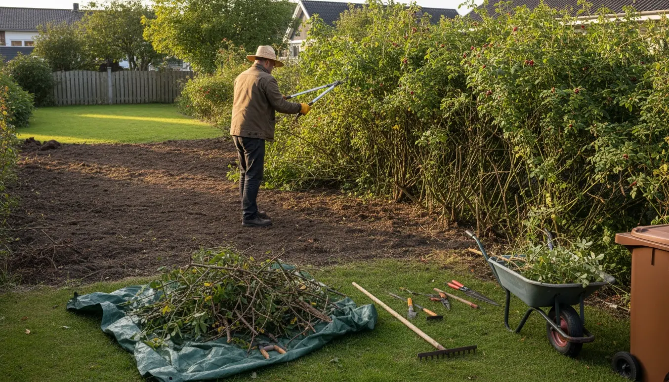 En person fjerner en del af hybenkrat med beskæringssaks og rive, mens en cirka 15 m² plet af krat er ryddet.