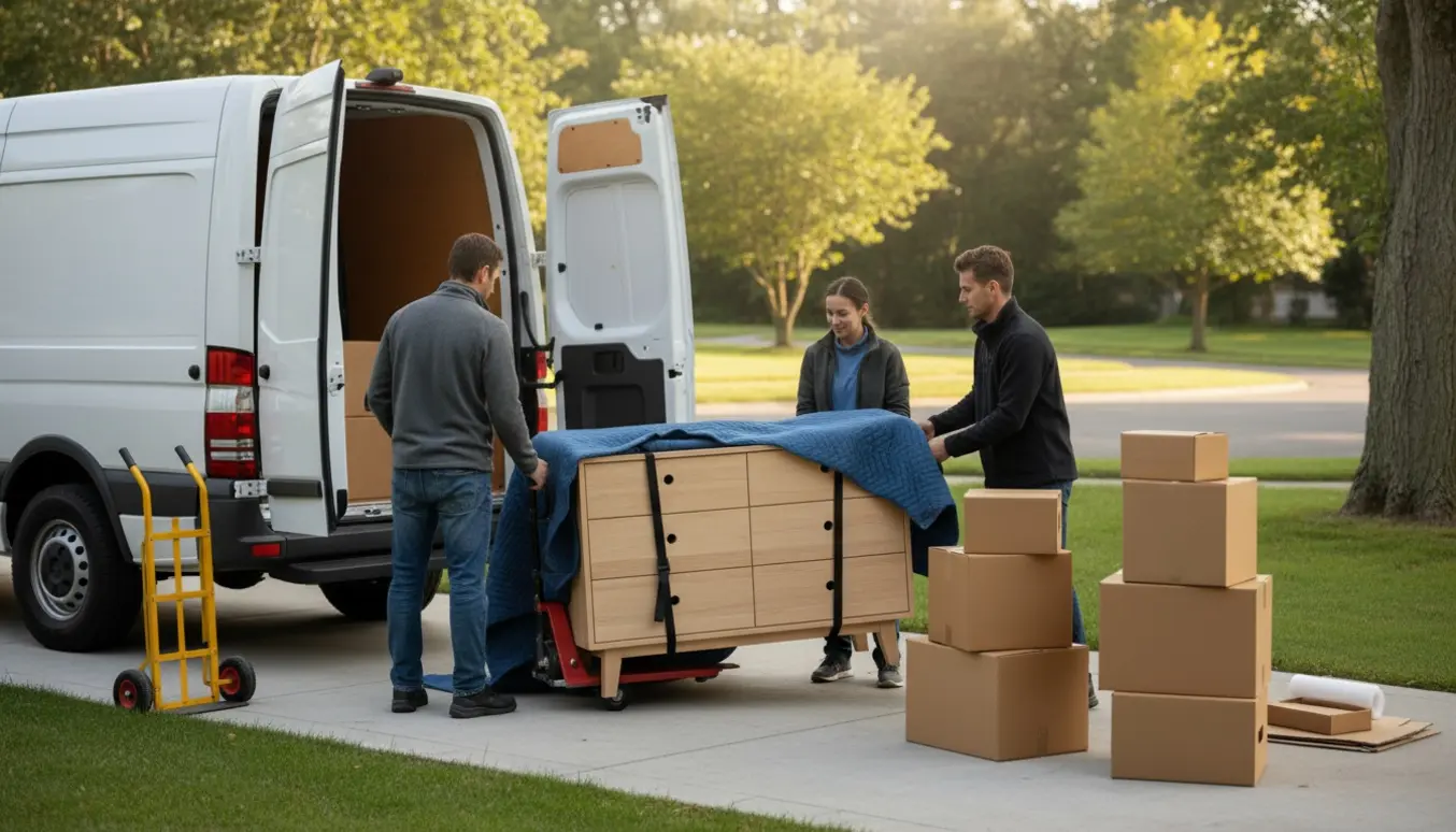 Flere hjælpere læsser en stor kommode i lyst træ og flyttekasser ind i en varevogn.